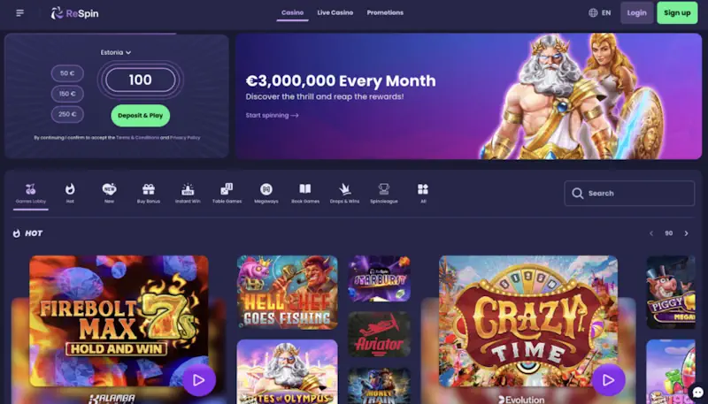 ReSpin Casino – nopeat kotiutukset ilman tiliä